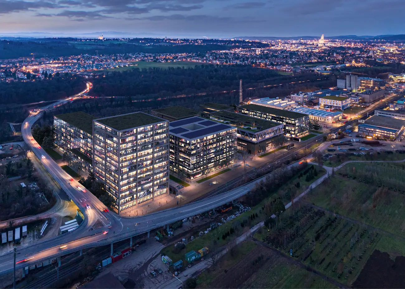 Aerial view of the uptownBasel campus in Arlesheim.